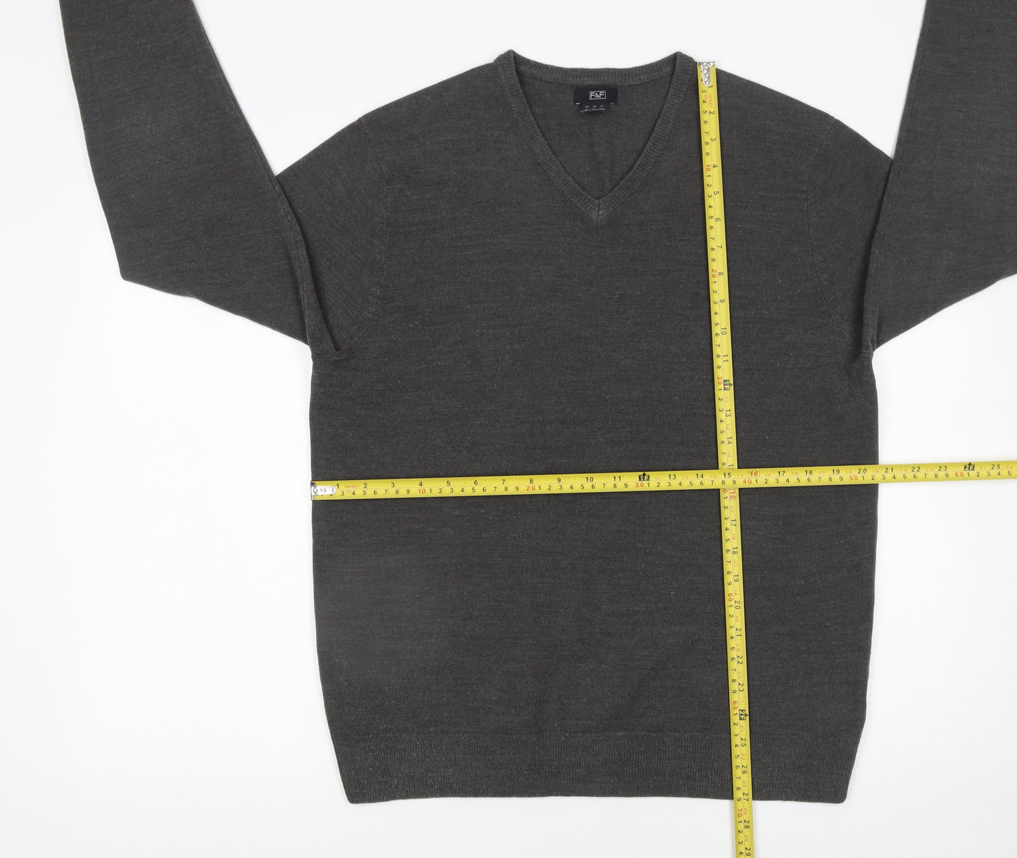 F&F Men's Grey Acrylic V-Neck Pullover Jumper Size L