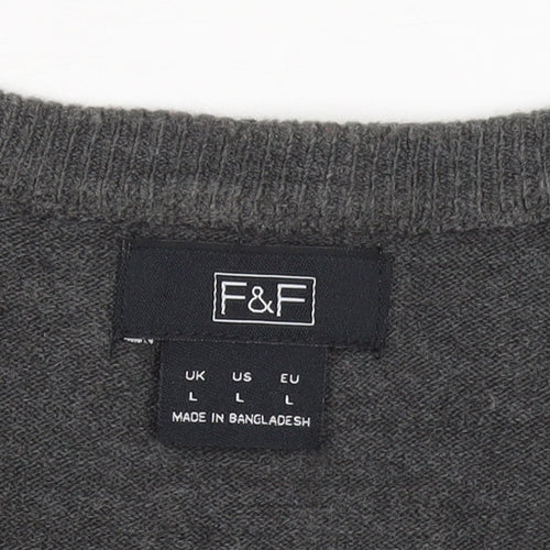 F&F Men's Grey Acrylic V-Neck Pullover Jumper Size L