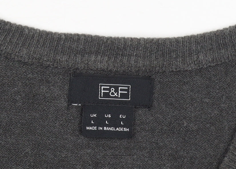 F&F Men's Grey Acrylic V-Neck Pullover Jumper Size L