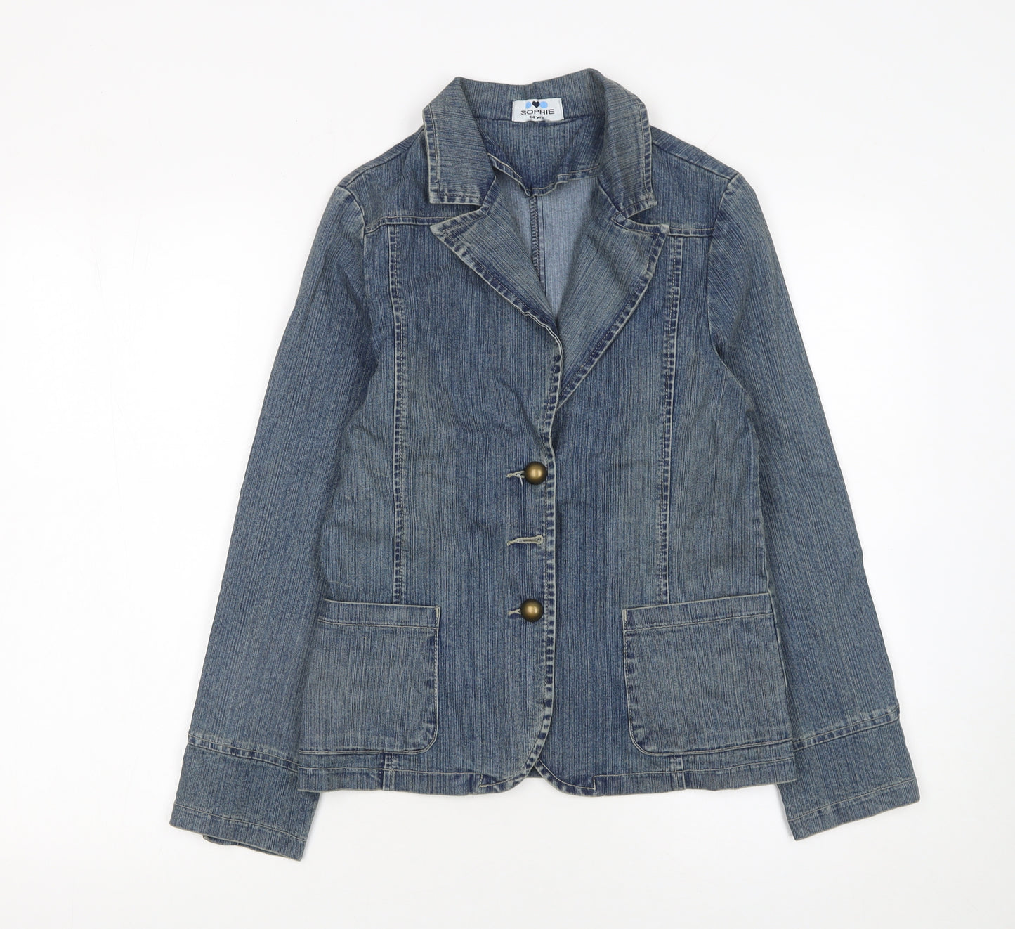 Sophie Girls Blue Denim Basic Jacket 14 Years Collared Button Casual