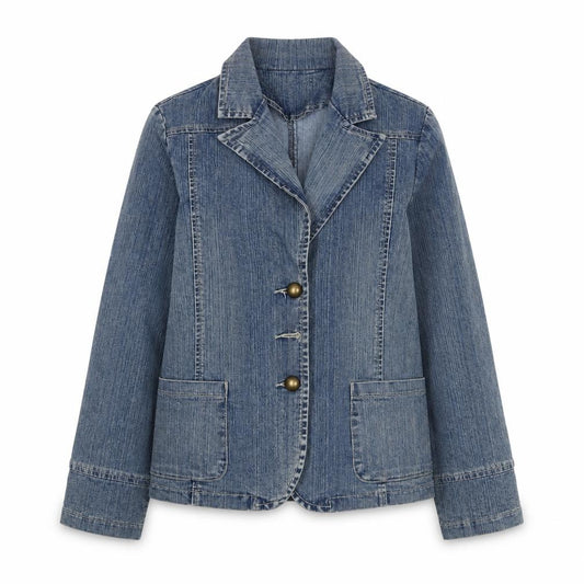 Front view of Sophie girls’ blue denim basic jacket 14 years collared button casual