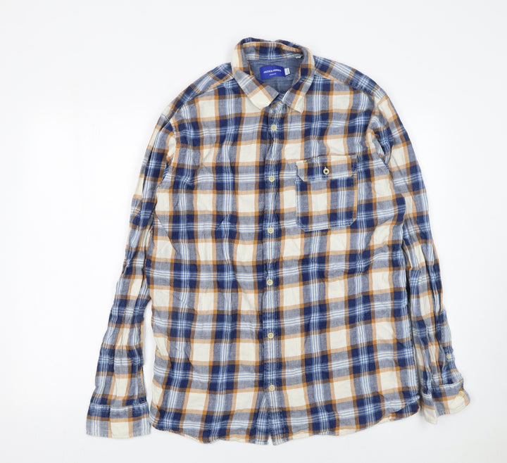 Jack & Jones Men's Blue Checked Cotton Long Sleeve Button-Up Shirt XL