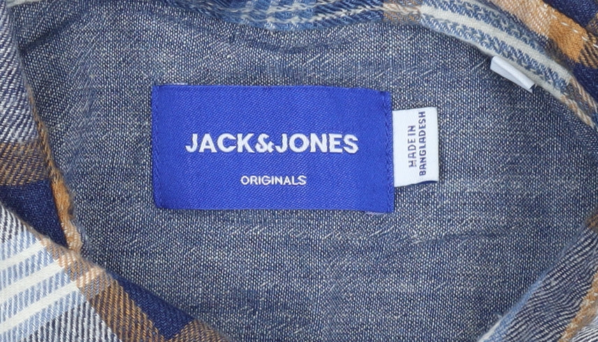 Jack & Jones Men's Blue Checked Cotton Long Sleeve Button-Up Shirt XL