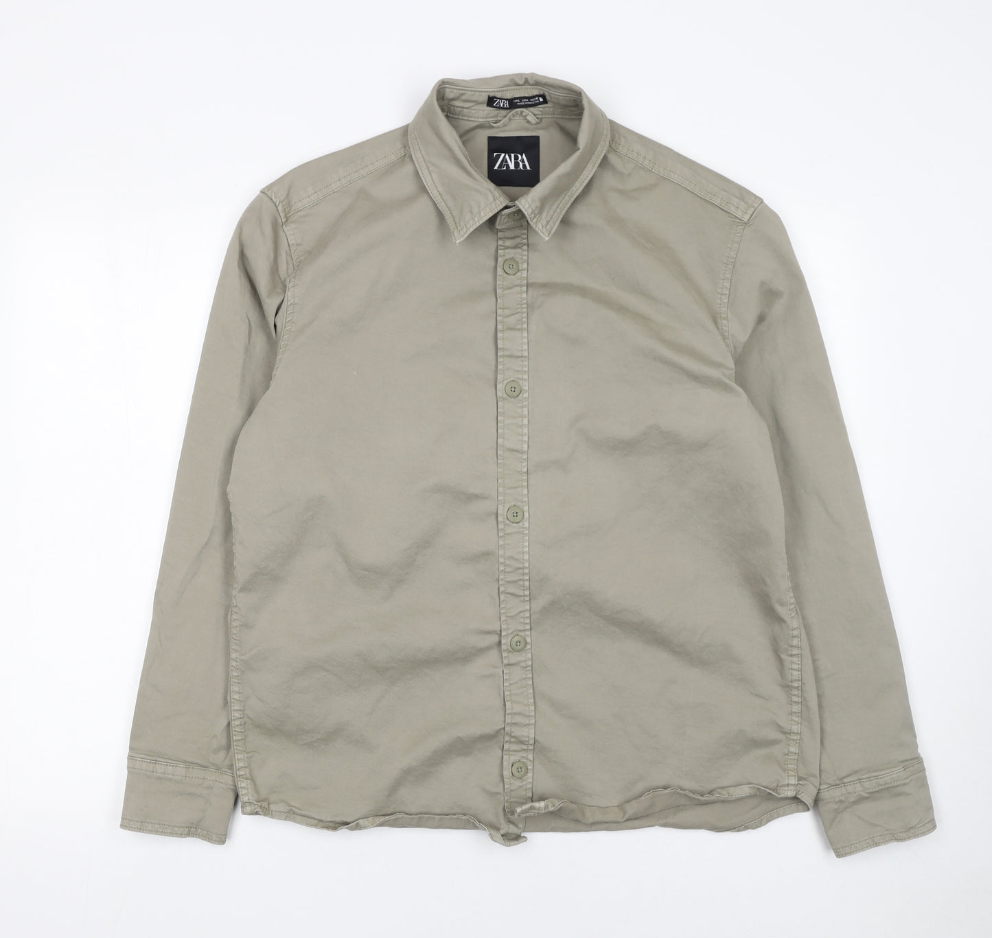 Zara Men's Beige Cotton Long Sleeve Button-Up Shirt Size L