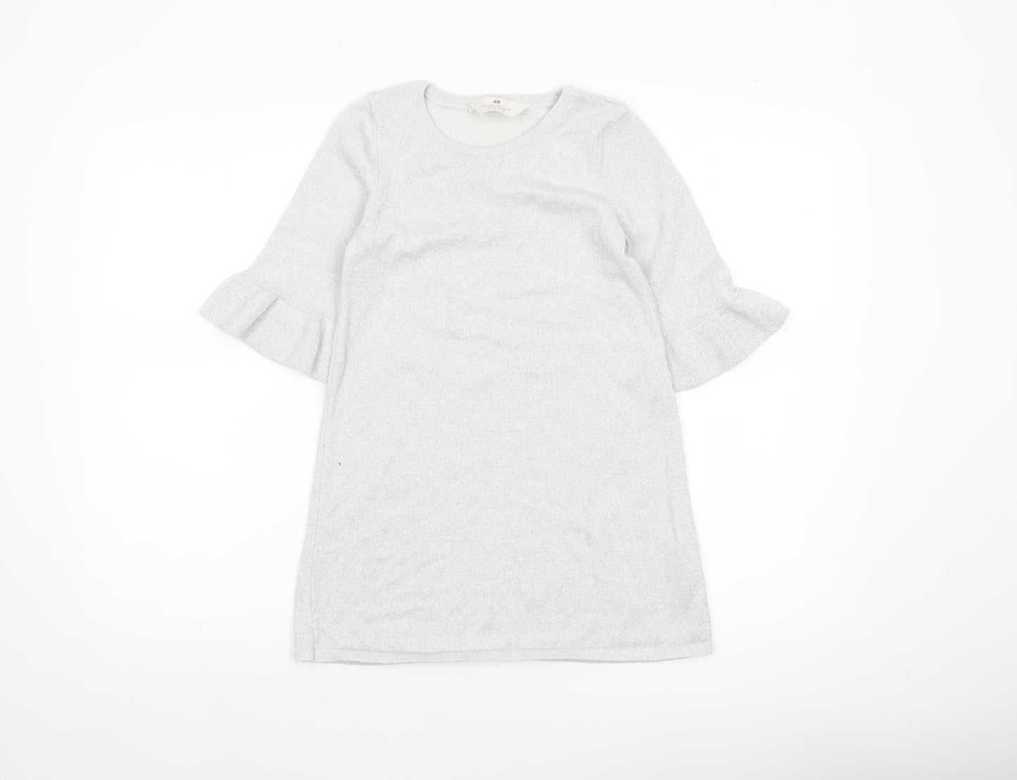 H&M Girls Silver Knit Ruffle Sleeve Shift Dress 7-8 Years