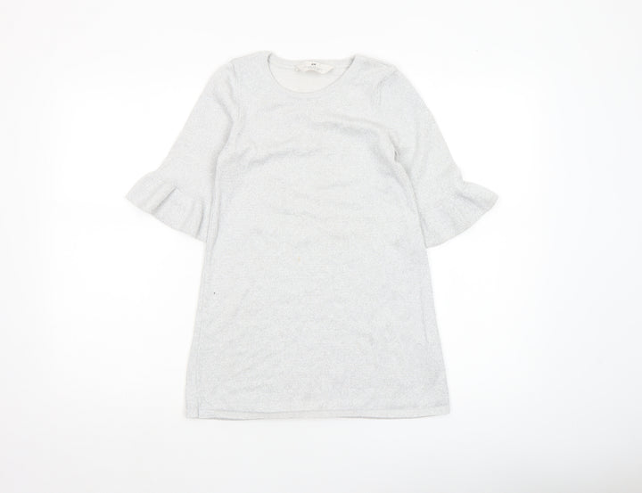H&M Girls Silver Knit Ruffle Sleeve Shift Dress 7-8 Years