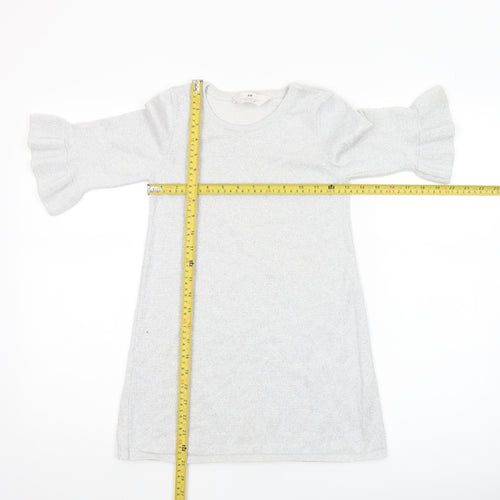 H&M Girls Silver Knit Ruffle Sleeve Shift Dress 7-8 Years