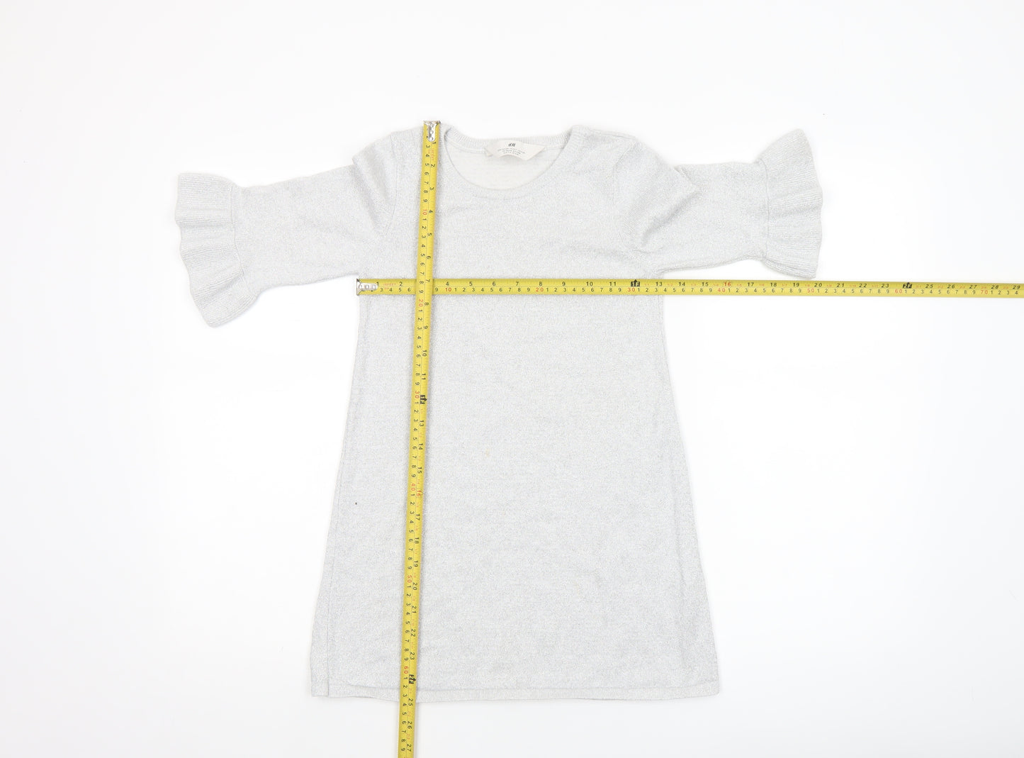 H&M Girls Silver Knit Ruffle Sleeve Shift Dress 7-8 Years