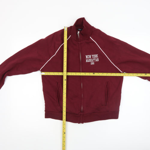 Zara Women Red Cropped Bomber Jacket M New York Manhattan Embroidered