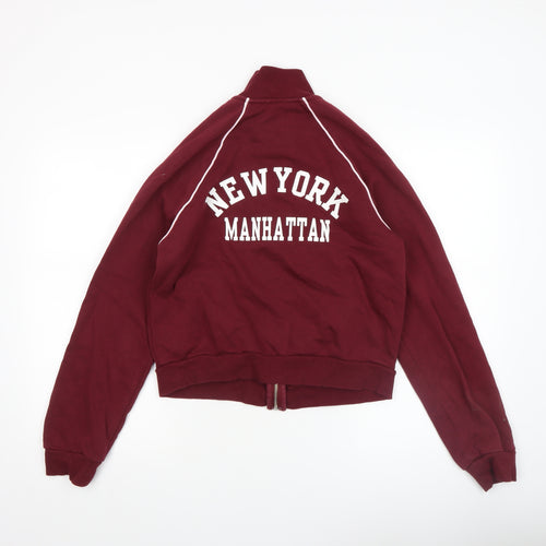 Zara Women Red Cropped Bomber Jacket M New York Manhattan Embroidered