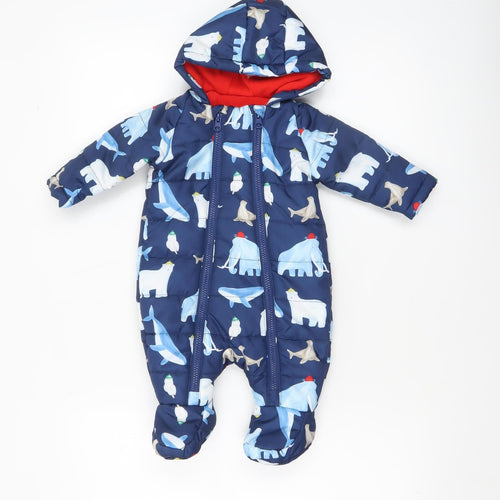 St. Bernard Blue Animal Print Baby Snowsuit 0-3 Months Hooded Padded Winter