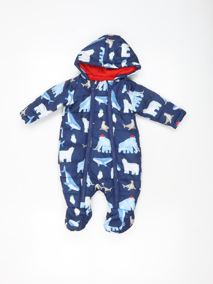 St. Bernard Blue Animal Print Baby Snowsuit 0-3 Months Hooded Padded Winter