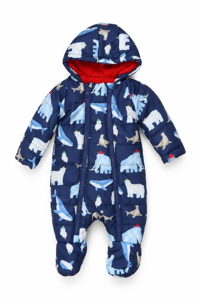 St. Bernard Blue Animal Print Baby Snowsuit 0-3 Months Hooded Padded Winter