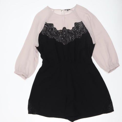 Warehouse Women Beige Black Lace Panel Long Sleeve Playsuit UK14