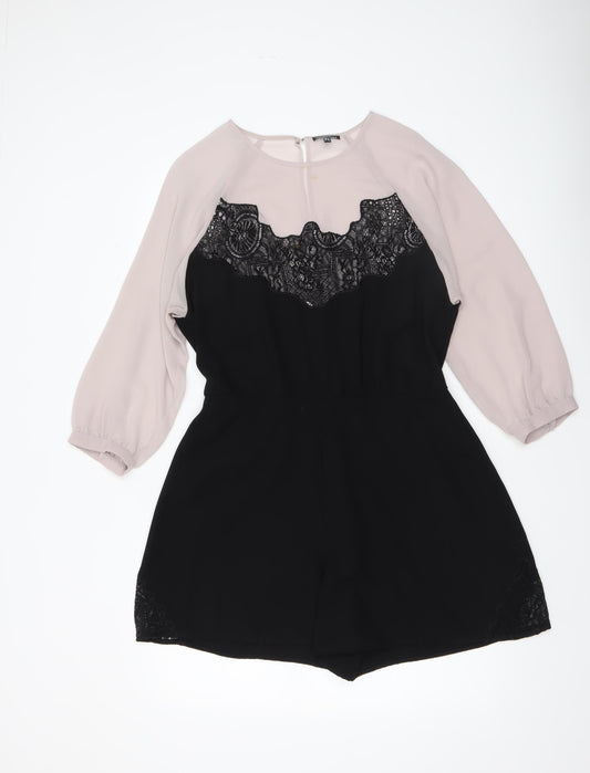 Warehouse Women Beige Black Lace Panel Long Sleeve Playsuit UK14