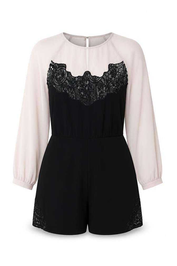 Front view of Warehouse Women Beige Black Lace Panel Long Sleeve Playsuit UK14