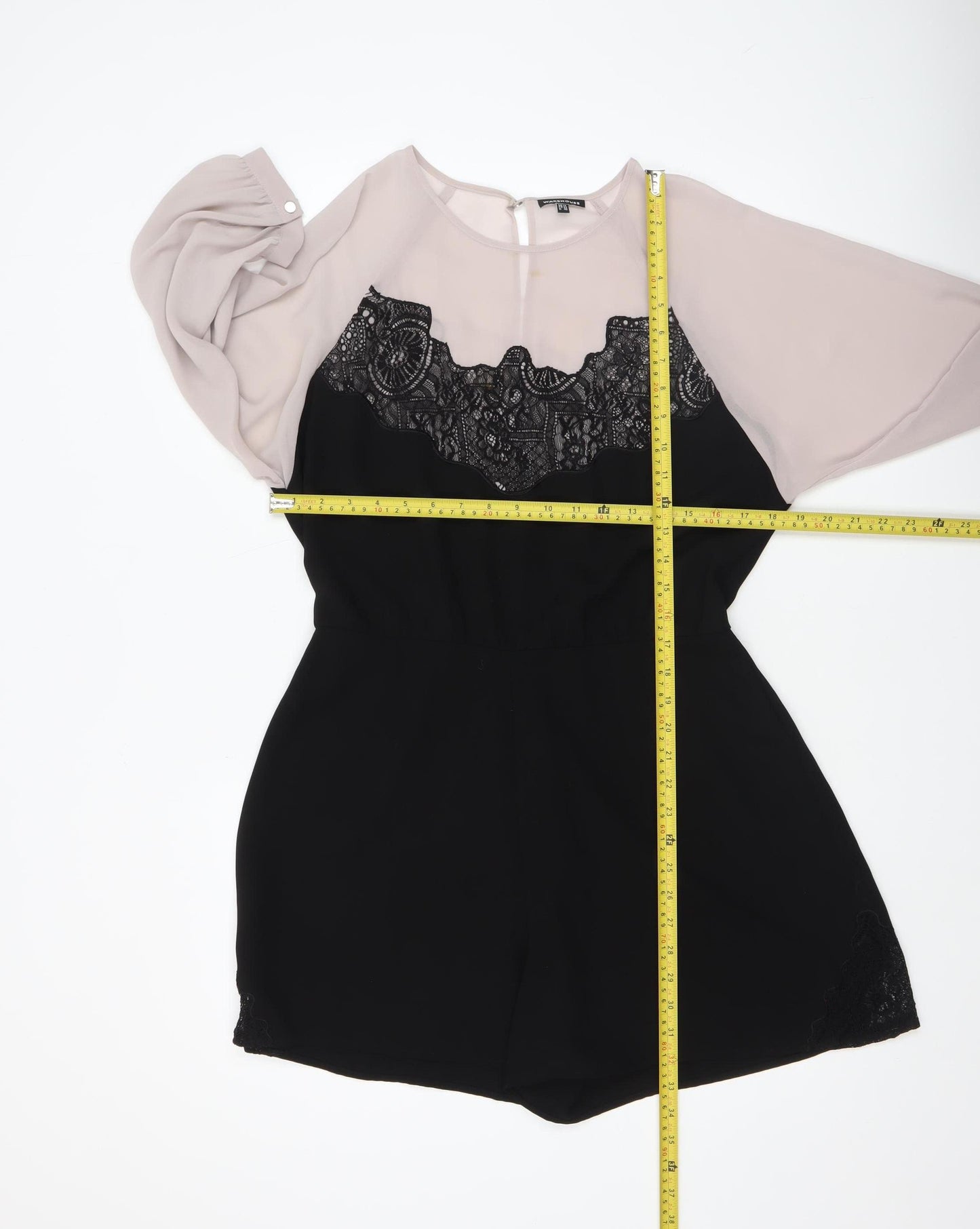 Warehouse Women Beige Black Lace Panel Long Sleeve Playsuit UK14
