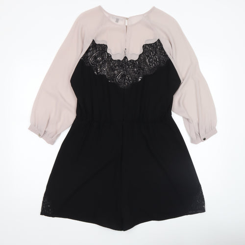 Warehouse Women Beige Black Lace Panel Long Sleeve Playsuit UK14