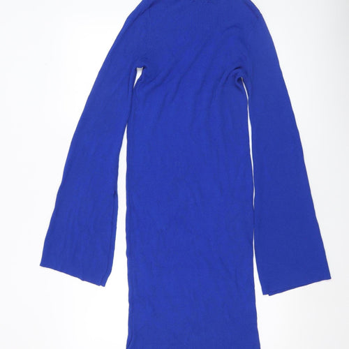 Zara Women Blue Knit Bodycon Roll Neck Long Sleeve Dress Size 8