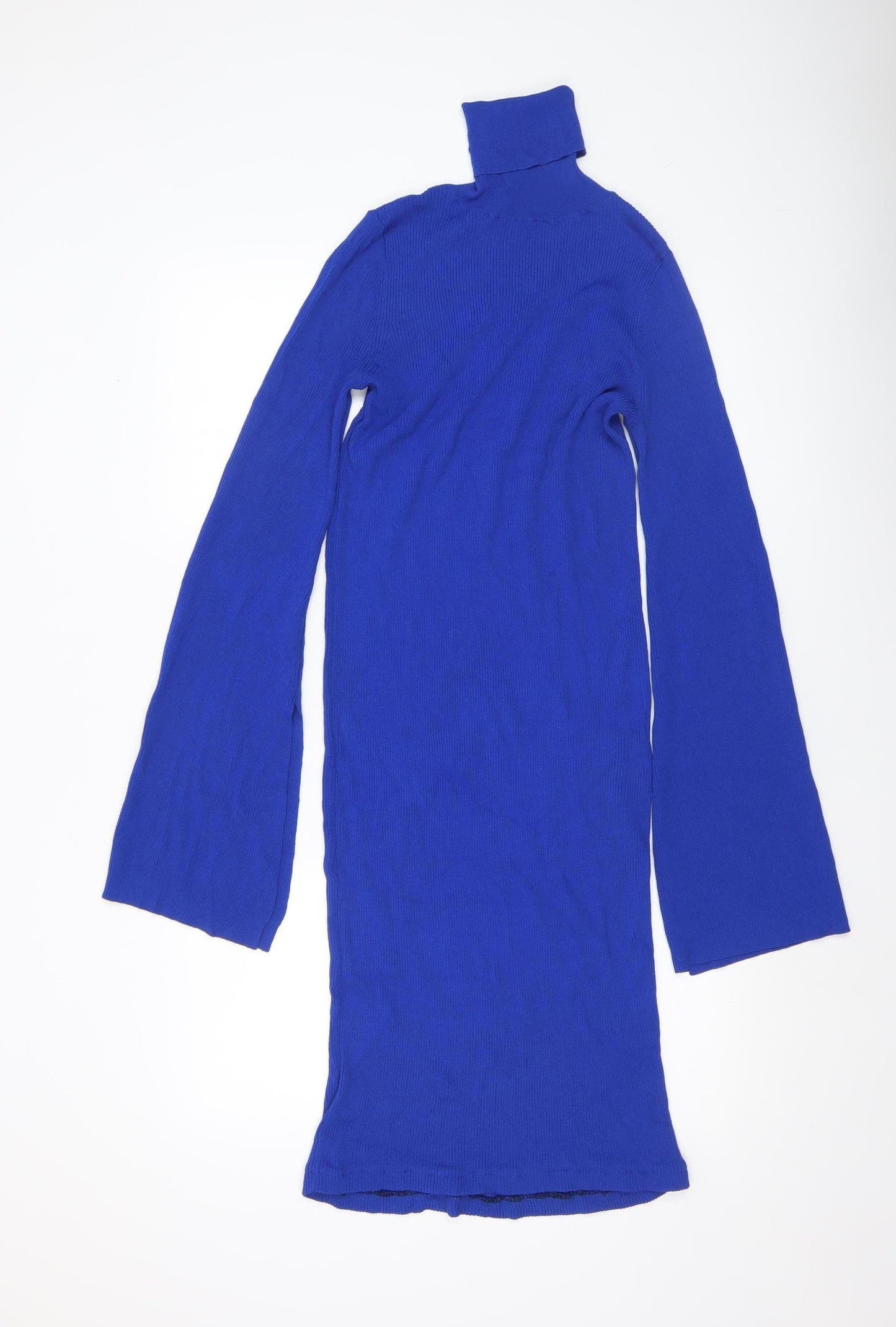 Zara Women Blue Knit Bodycon Roll Neck Long Sleeve Dress Size 8