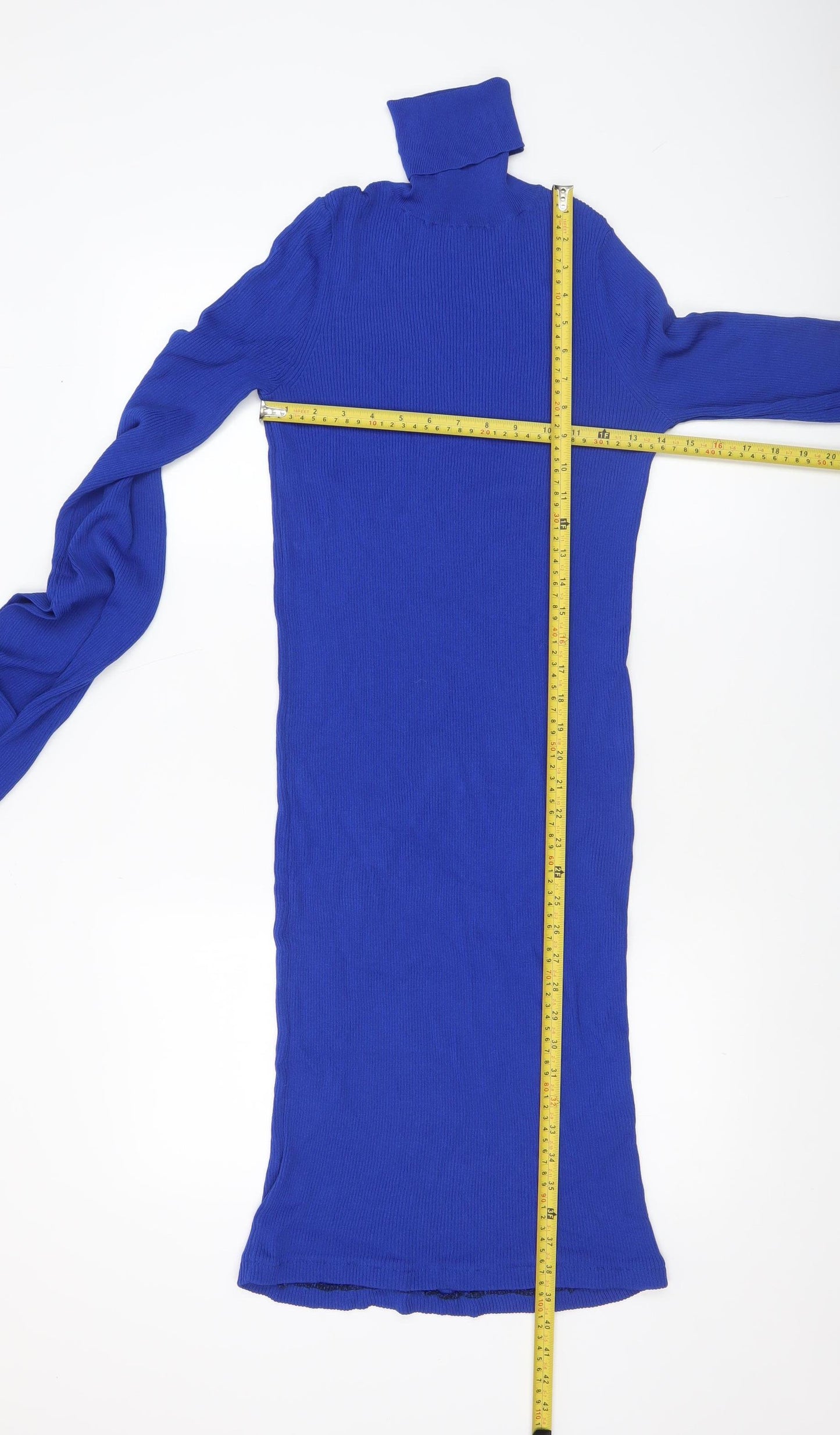 Zara Women Blue Knit Bodycon Roll Neck Long Sleeve Dress Size 8