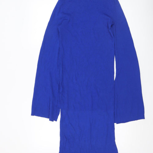 Zara Women Blue Knit Bodycon Roll Neck Long Sleeve Dress Size 8