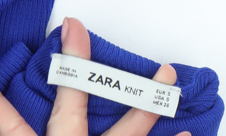 Zara Women Blue Knit Bodycon Roll Neck Long Sleeve Dress Size 8