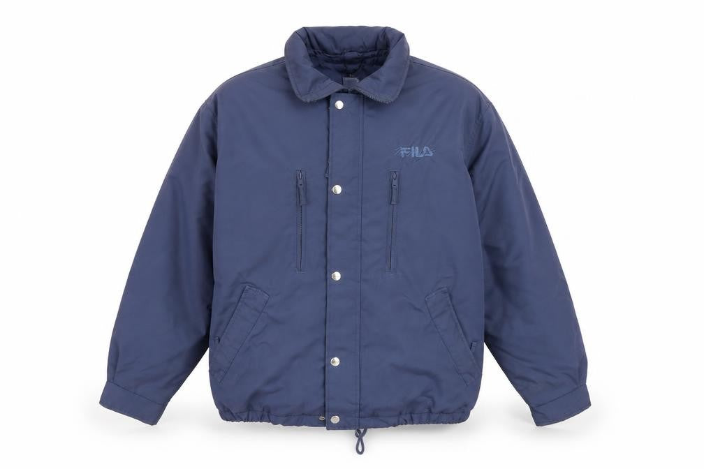 Front view of Fila men’s blue xs vintage bomber jacket lined polyester zip-up