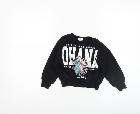 Front view of Disney girls’ black stitch & angel ohana pullover sweatshirt 4-5 years