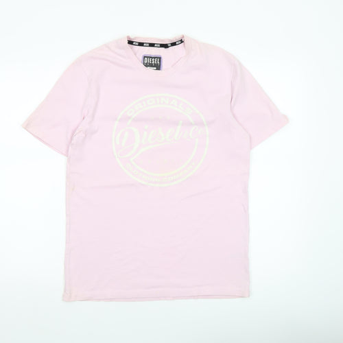 Diesel Men Pink Cotton Graphic Logo Crew Neck T-Shirt Medium