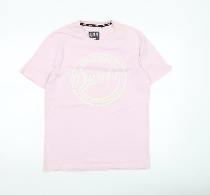 Diesel Men Pink Cotton Graphic Logo Crew Neck T-Shirt Medium