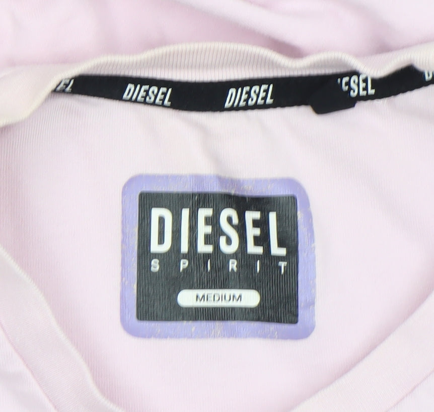 Diesel Men Pink Cotton Graphic Logo Crew Neck T-Shirt Medium