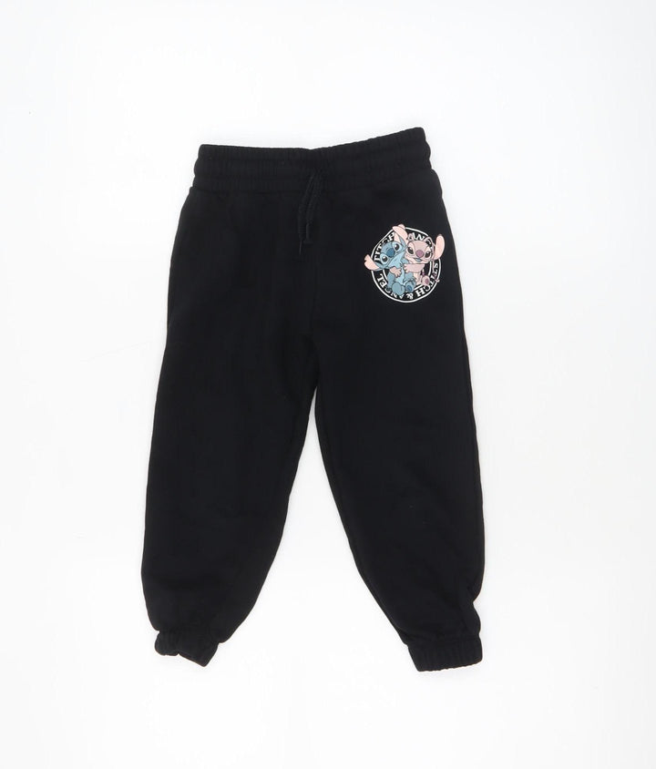 Disney Girls Black Lilo & Stitch Jogger Trousers 4-5 Years Cotton Fleece