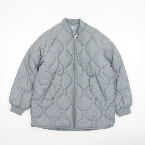 ZARA Girls Grey Quilted Bomber Jacket 9-10 Years Padded Zip Up
