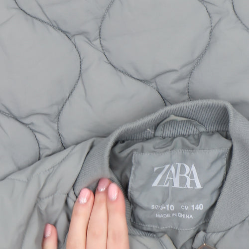 ZARA Girls Grey Quilted Bomber Jacket 9-10 Years Padded Zip Up