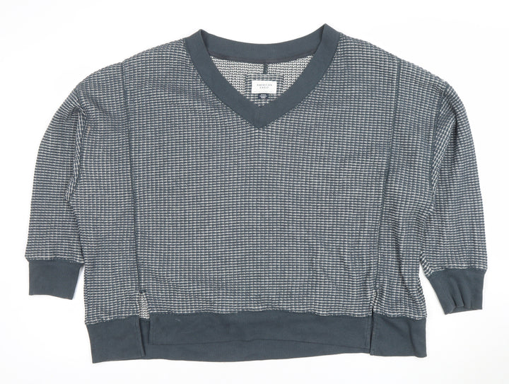 American Eagle Women Grey Textured V-Neck Pullover Sweatshirt M