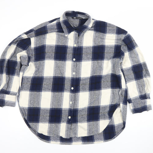 ZARA Women Blue Check Flannel Cotton Long Sleeve Button-Up Shirt Size 12