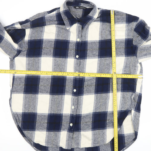 ZARA Women Blue Check Flannel Cotton Long Sleeve Button-Up Shirt Size 12