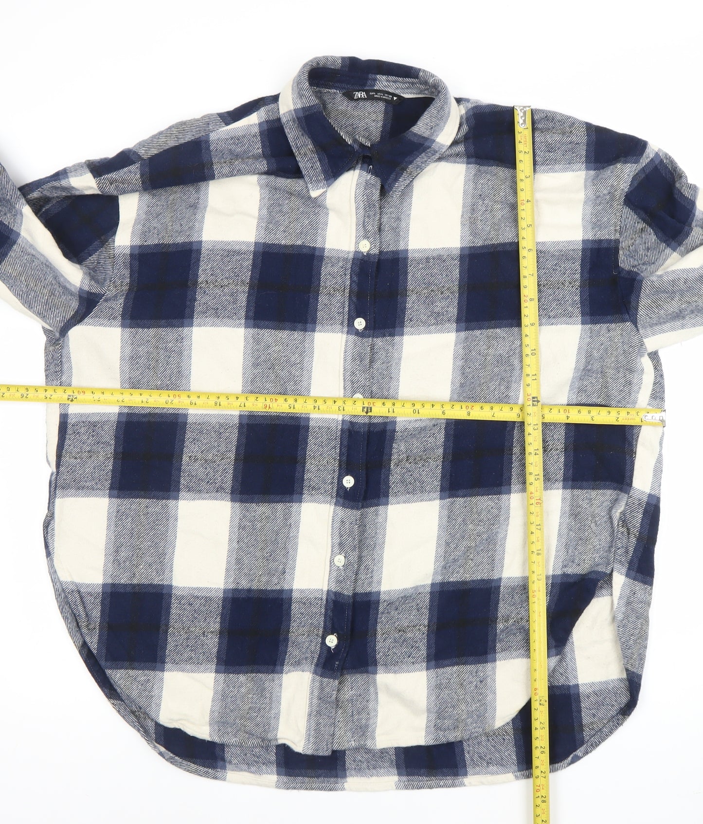ZARA Women Blue Check Flannel Cotton Long Sleeve Button-Up Shirt Size 12