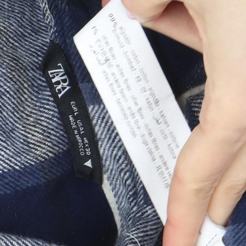 ZARA Women Blue Check Flannel Cotton Long Sleeve Button-Up Shirt Size 12