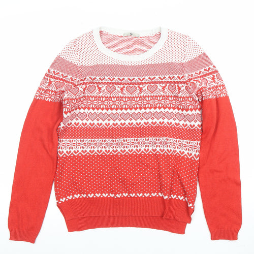 Tu Womens Red White Fair Isle Heart Jumper Size 10 Cotton Blend