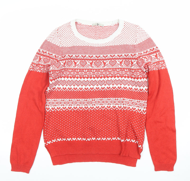 Tu Womens Red White Fair Isle Heart Jumper Size 10 Cotton Blend