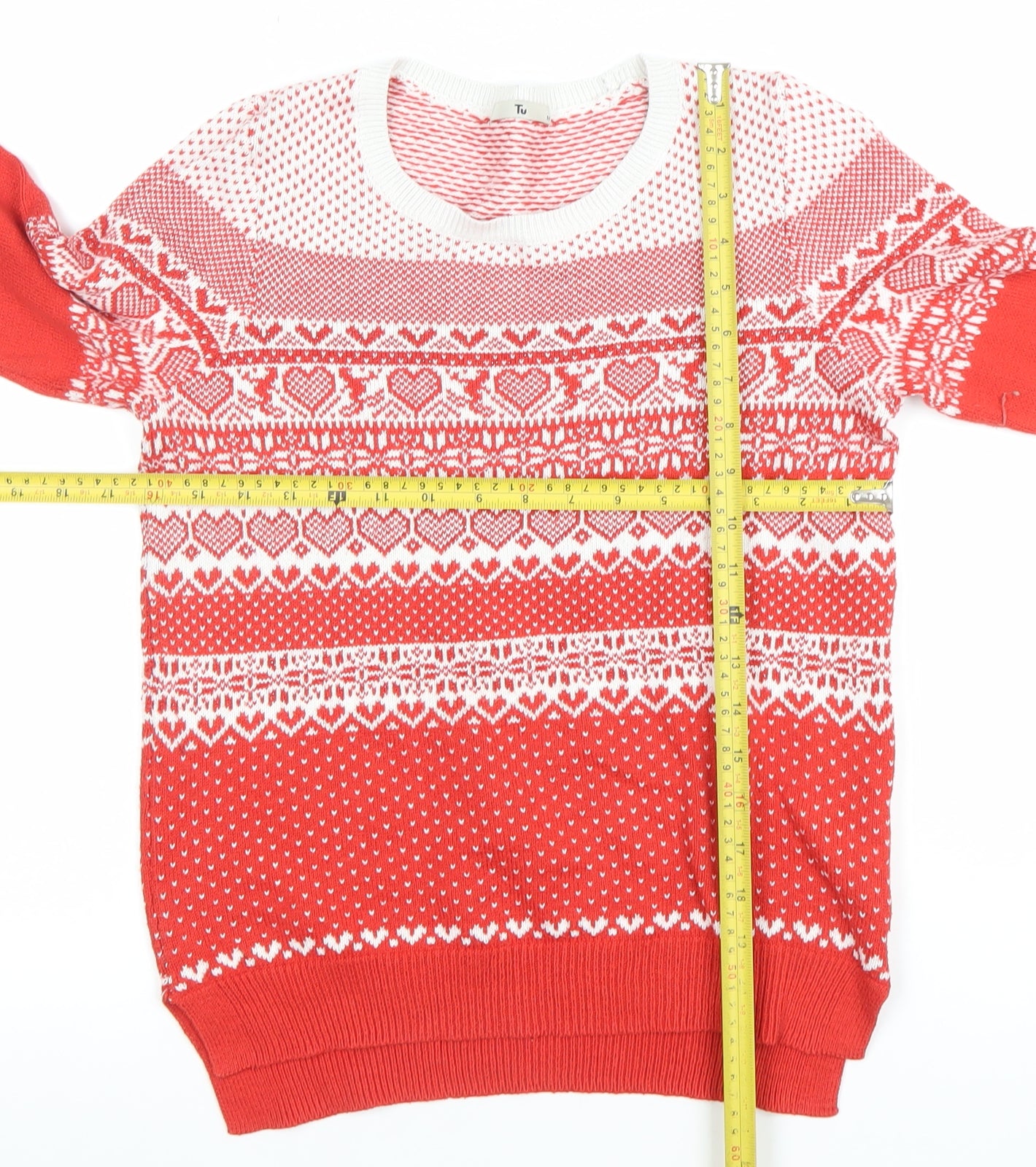 Tu Womens Red White Fair Isle Heart Jumper Size 10 Cotton Blend