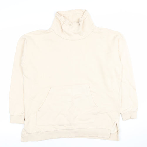 ICHI Women Beige High Neck Pullover Sweatshirt M 100% Cotton