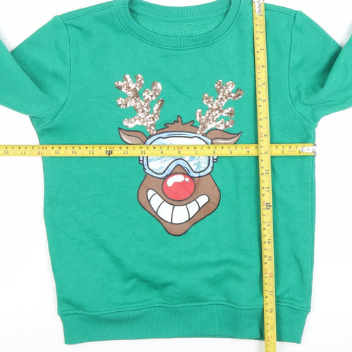 Dunnes Stores Boys Green Reindeer Sequin Christmas Sweatshirt 7-8 Years