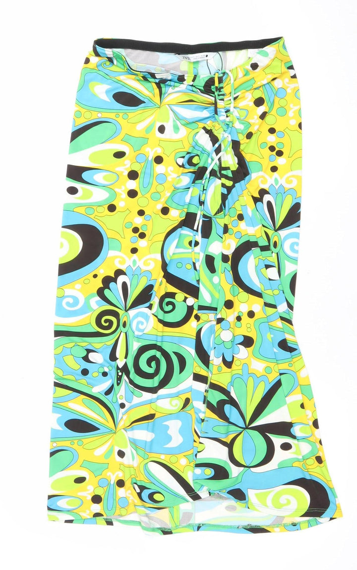 Zara Women Multicoloured S Wrap Midi Skirt Retro Print Stretch