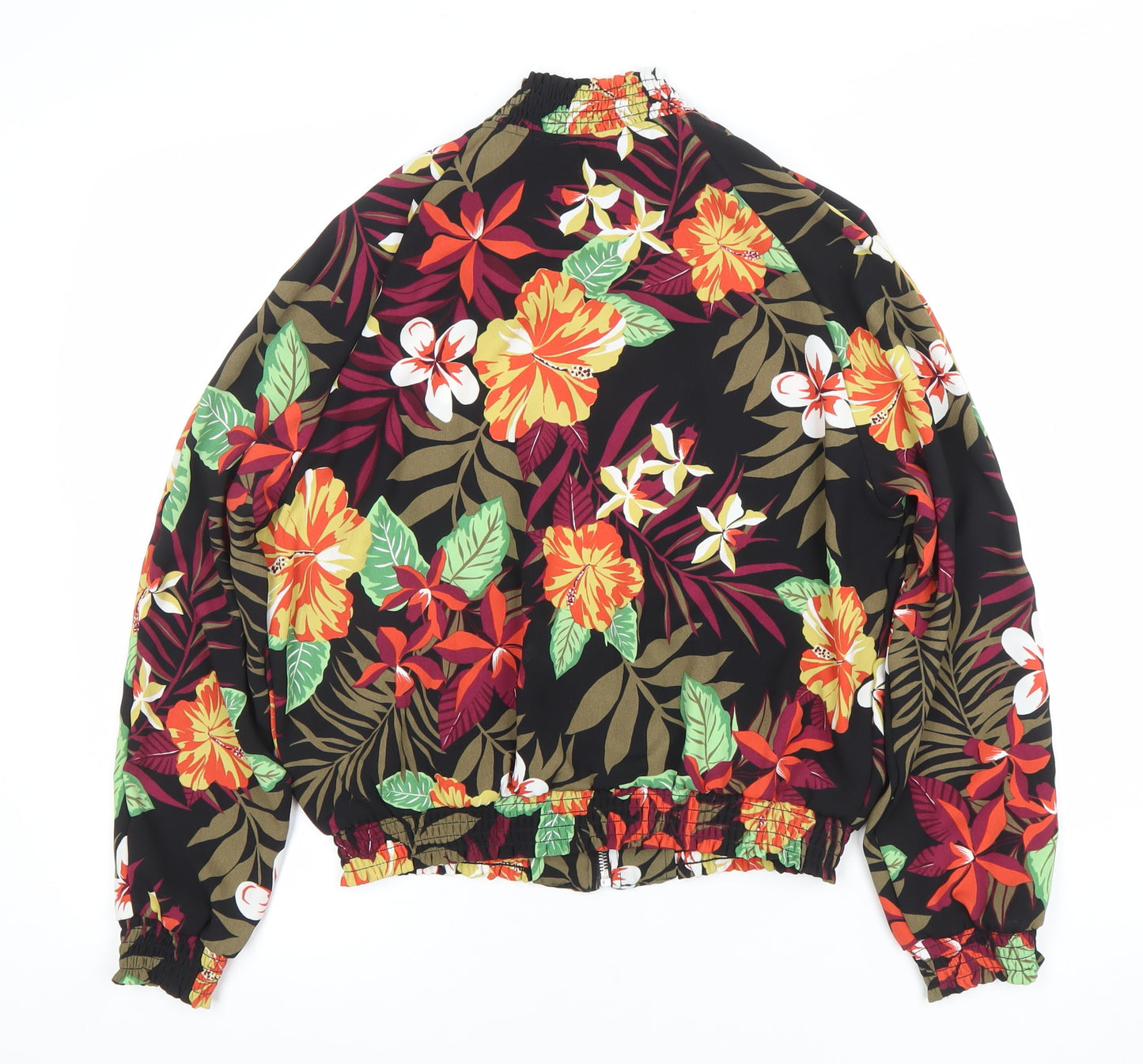 Stradivarius Womens Black Floral Bomber Jacket L Lightweight Zip Up