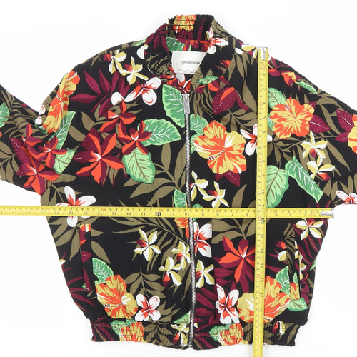 Stradivarius Womens Black Floral Bomber Jacket L Lightweight Zip Up