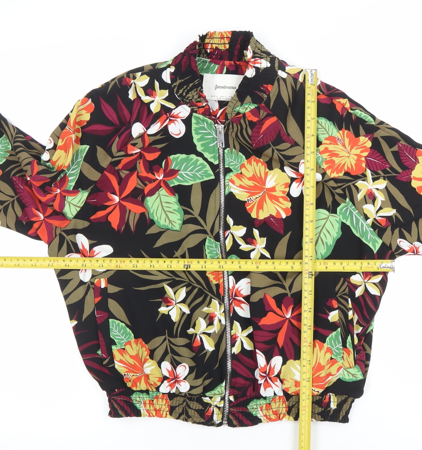Stradivarius Womens Black Floral Bomber Jacket L Lightweight Zip Up