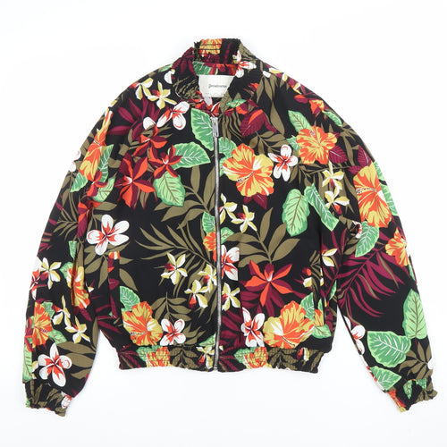 Stradivarius Womens Black Floral Bomber Jacket L Lightweight Zip Up